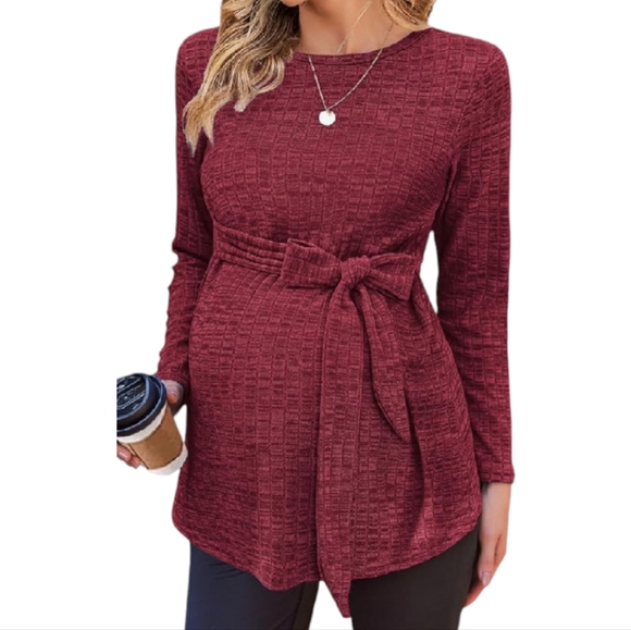 Ekouaer Burgundy Ribbed Long Sleeve Maternity Top - Size XXL - Picture 3 of 9